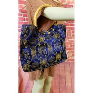 Shanghai Tang Ladies Clutch/Purse Brocade Silk Royal Blue & Bamboo handles